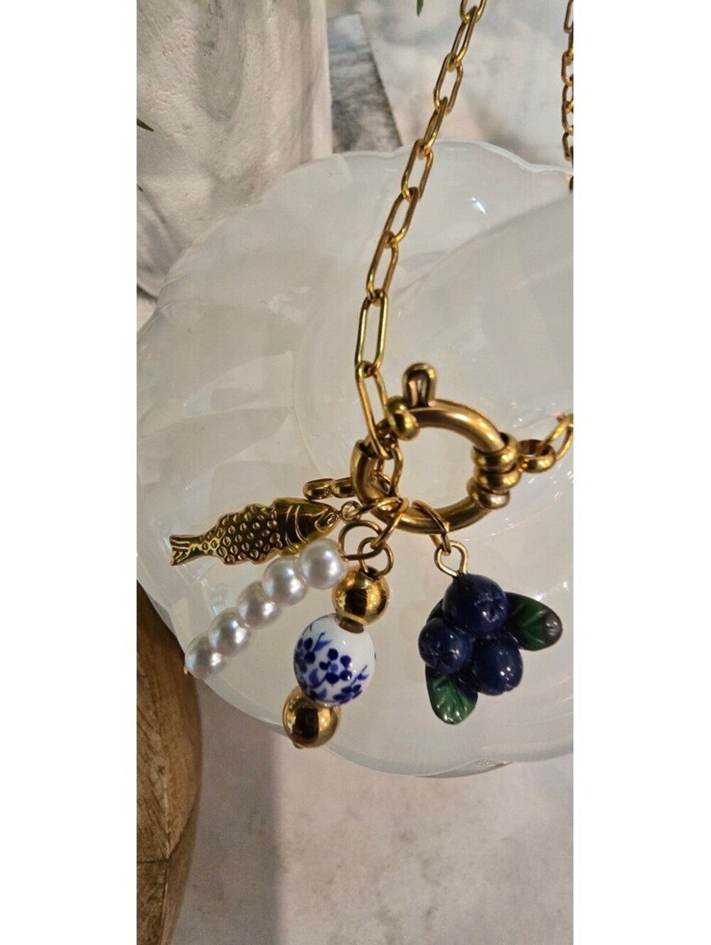Pearls, Blue Floral Bead, Fish and Blueberry Charms Necklace